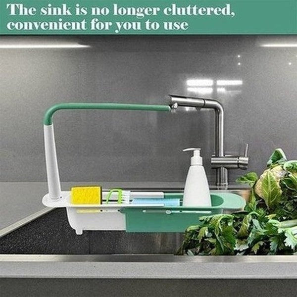 Large Capacity Adjustable Telescopic Kitchen Storage Sponge Rack with Drainage Holes, Organizer Cleaning Utensils Like Dish Soap, Scouring Pad, Cutlery.