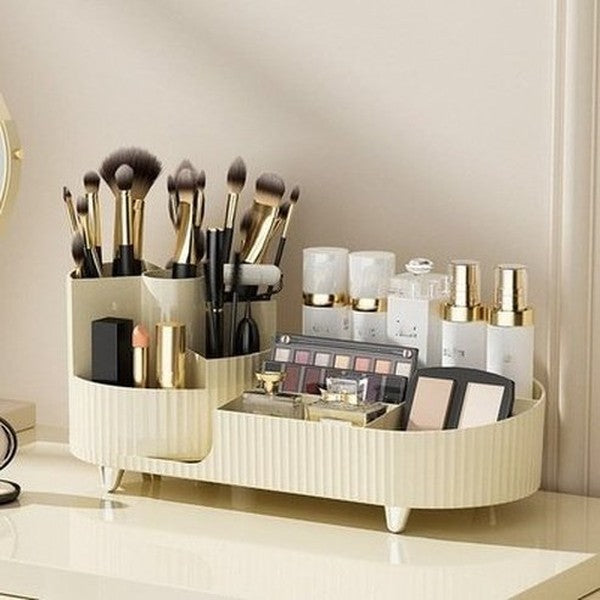 Two Layers Rotating Desktop Makeup Storage Holder Large Capacity Cosmetic Organizer Tray Lipstick Eyeshadow. Color: Beige. Type: Household Storage Containers.
