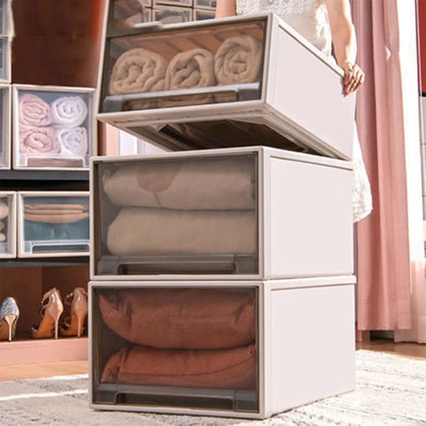 Stackable Clothes Storage Box, Modern Drawer Type Plastic Container with Lid