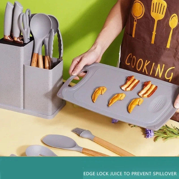 19-Piece Silicone Kitchenware Set with Wooden Handles