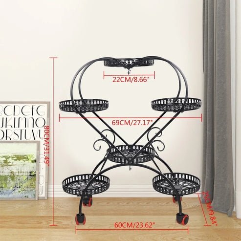 Stand with 6 Heart-Shaped Black Metal Plant Pots and Wheels