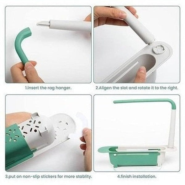 Large Capacity Adjustable Telescopic Kitchen Storage Sponge Rack with Drainage Holes, Organizer Cleaning Utensils Like Dish Soap, Scouring Pad, Cutlery.