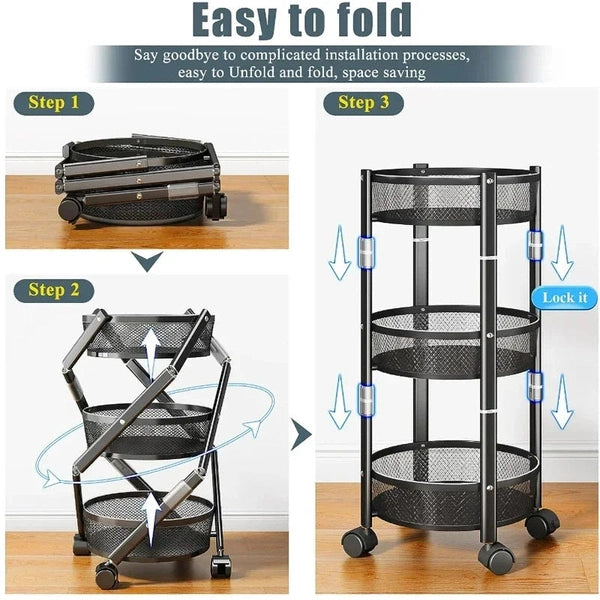 3-Tier Foldable Storage Rack with Wheels, Metal Snack Cart