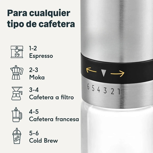 Manual Coffee Grinder - 6 Grinding Levels - Stainless Steel and Glass Coffee Grinder