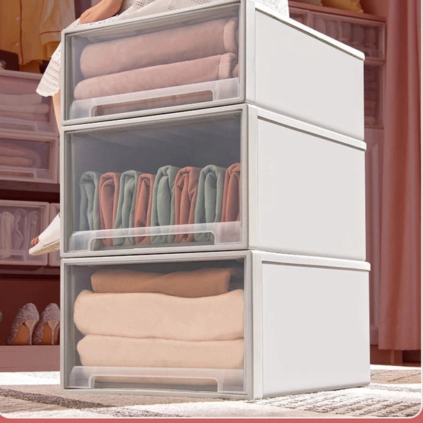 Stackable Clothes Storage Box, Modern Drawer Type Plastic Container with Lid