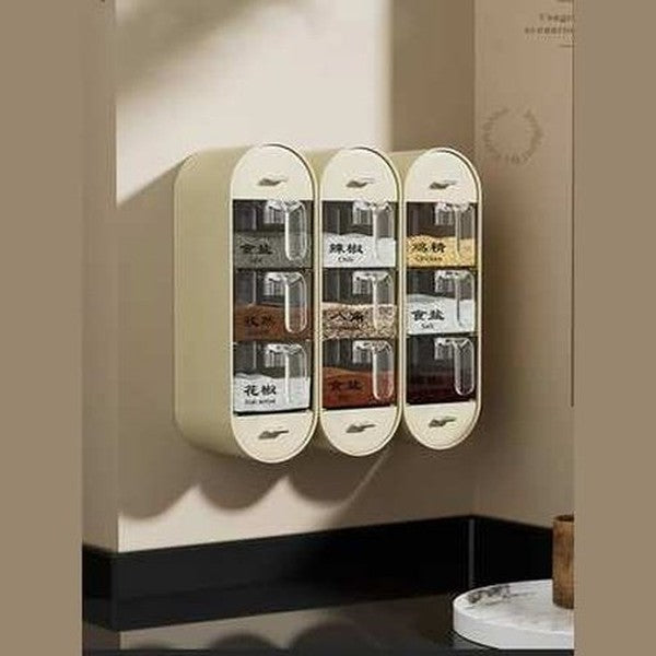 Embark on a savory journey with our wall-mounted spice rack—drawers that open up to discovery.