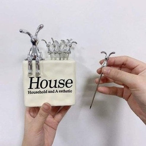 Cartoon Rabbit Steel Fruit Fork Storage Ceramic Box