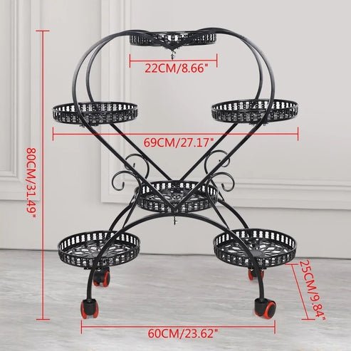 Stand with 6 Heart-Shaped Black Metal Plant Pots and Wheels