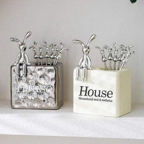 Cartoon Rabbit Steel Fruit Fork Storage Ceramic Box