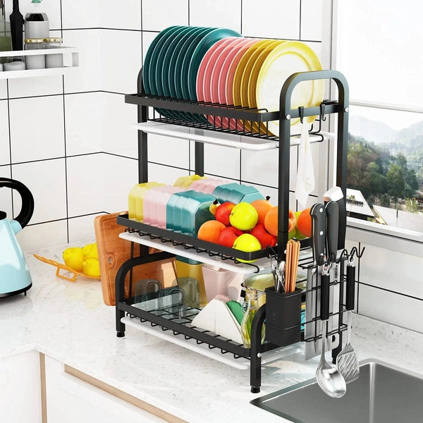 3 Tier Dish Drying Rack with Tray Utensil Holder, with Cutting Board Holder