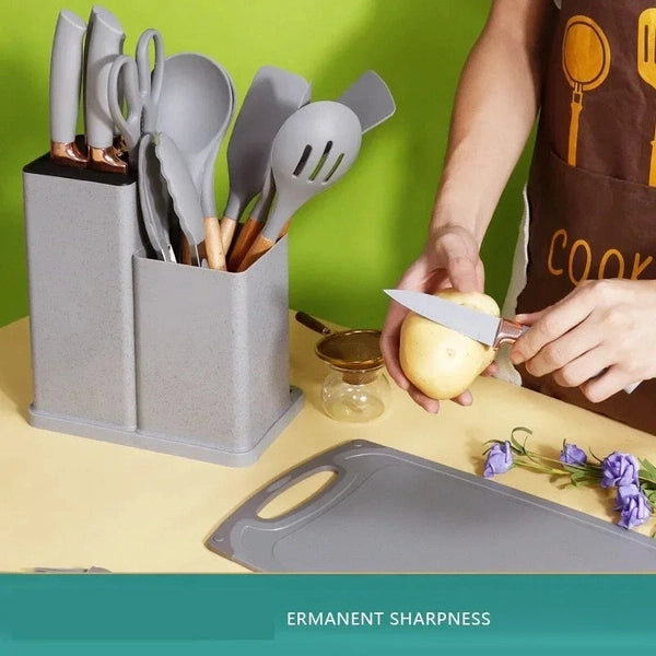 19-Piece Silicone Kitchenware Set with Wooden Handles