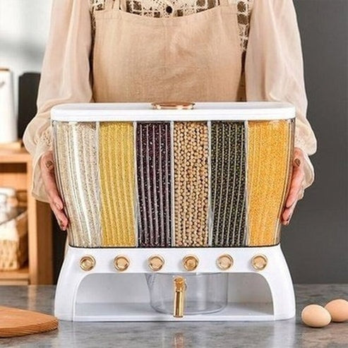 26 LB Rice Dispenser Storage Cereal Beans Container 6 Grids Grain Dispenser with Measuring Cup and Lid Airtight Design. Food Storage: Food Storage Containers.