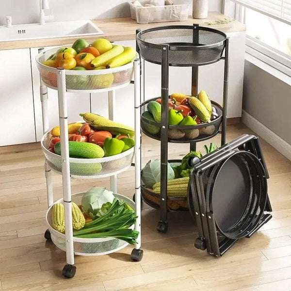 3-Tier Foldable Storage Rack with Wheels, Metal Snack Cart