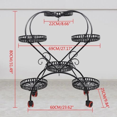Stand with 6 Heart-Shaped Black Metal Plant Pots and Wheels