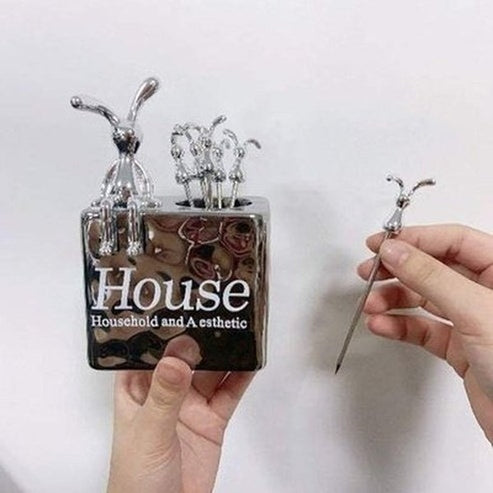 Cartoon Rabbit Steel Fruit Fork Storage Ceramic Box