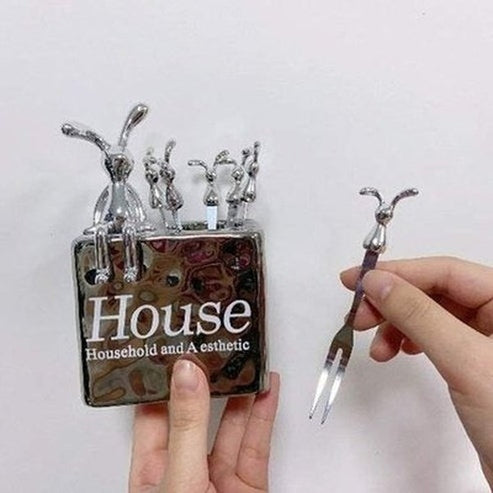 Cartoon Rabbit Steel Fruit Fork Storage Ceramic Box
