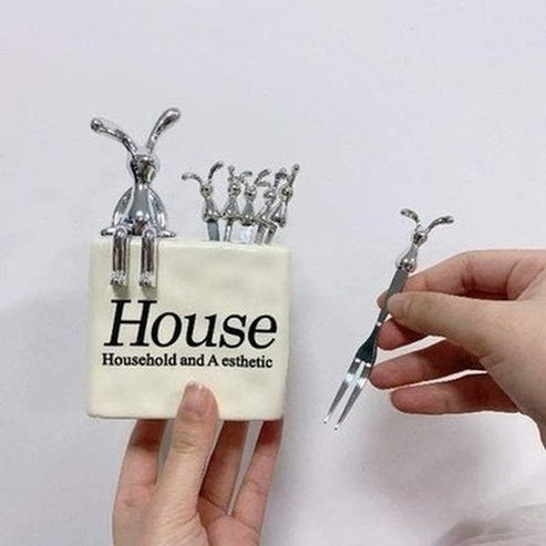 Cartoon Rabbit Steel Fruit Fork Storage Ceramic Box