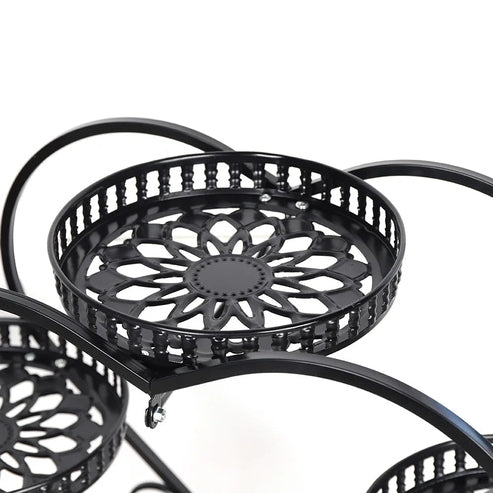 Stand with 6 Heart-Shaped Black Metal Plant Pots and Wheels