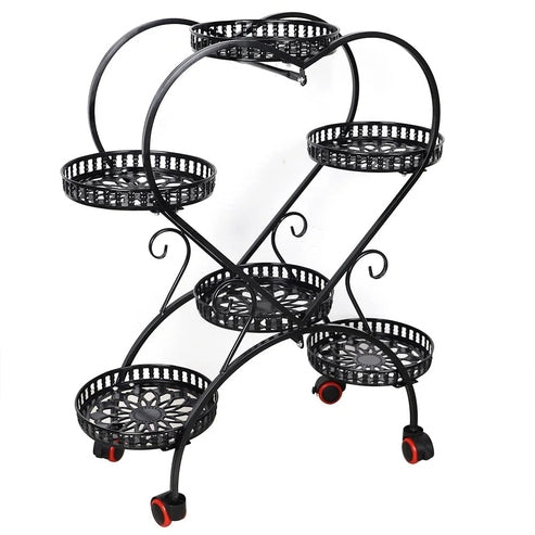 Stand with 6 Heart-Shaped Black Metal Plant Pots and Wheels