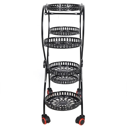 Stand with 6 Heart-Shaped Black Metal Plant Pots and Wheels