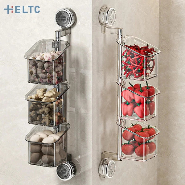 Suction Cup Rotating Organiser, Kitchen Wall Mounted Onion Ginger Garlic Storage Box
