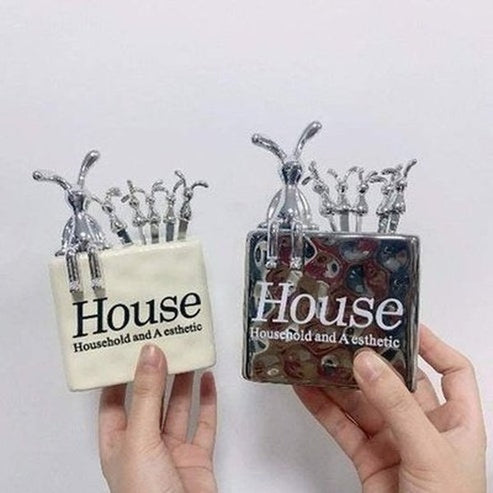 Cartoon Rabbit Steel Fruit Fork Storage Ceramic Box