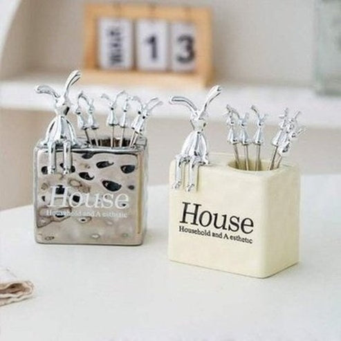 Cartoon Rabbit Steel Fruit Fork Storage Ceramic Box