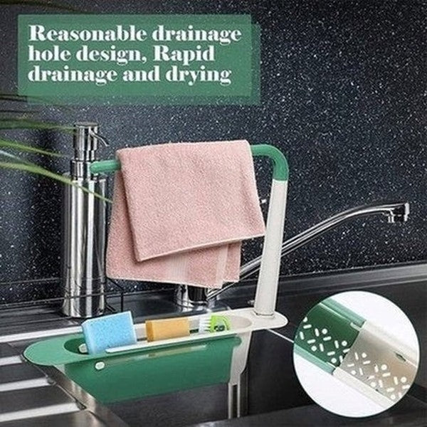 Large Capacity Adjustable Telescopic Kitchen Storage Sponge Rack with Drainage Holes, Organizer Cleaning Utensils Like Dish Soap, Scouring Pad, Cutlery.