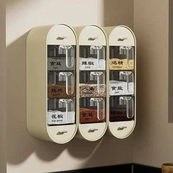 Embark on a savory journey with our wall-mounted spice rack—drawers that open up to discovery.