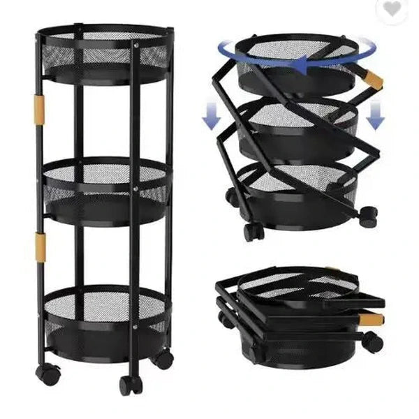 3-Tier Foldable Storage Rack with Wheels, Metal Snack Cart