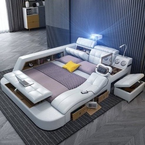 Light Luxury Leather Multi-functional Intelligent Projection Bed Modern Simple 1.8 Double Bed Storage Wedding Bed. Decor. Type: Beds & Bed Frames.