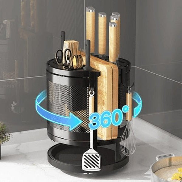 Rotating Black Metal Round Knife Holder. Rotary Kitchen Knife Holder, Tableware Cutting Board Integrated Shelf.