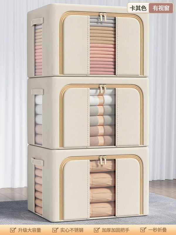 Solid Color Oxford Cloth Storage Box, Quilt Clothes Storage Box, Household Clothing Foldable Steel Frame Box