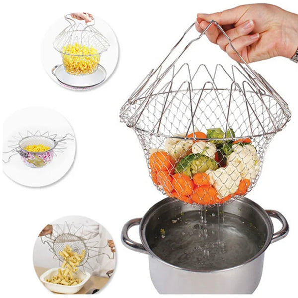 Stainless Steel Filter Fryer, Leak Net Churned Basket, Kitchen Folding Frying Basket