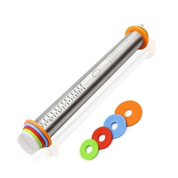 Stainless Steel Rolling Pin with Thickness, 4 Adjustable Rings and Non-Stick Rolling Pin Guides for Baking Cake