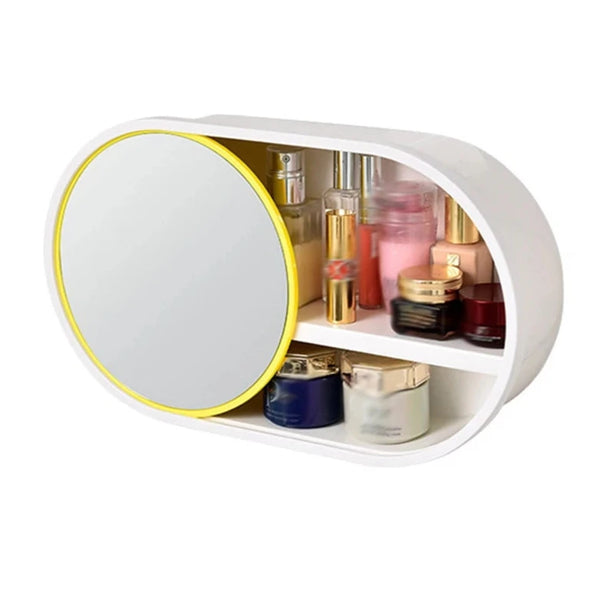 Wall-Mounted Rack with Mirror for Bathroom Toiletries and Cosmetics