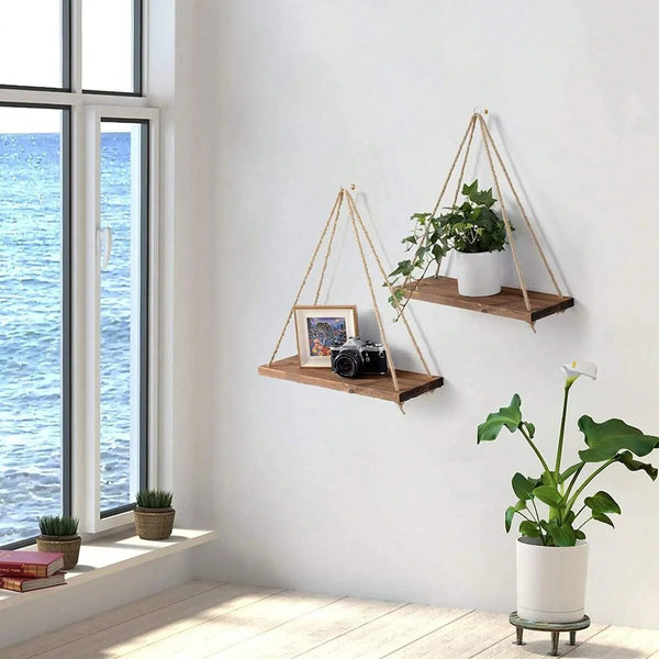 Wall Decoration Hanging Rope Flower Pot Storage Rack, Wall Hanging Wooden Storage Rack