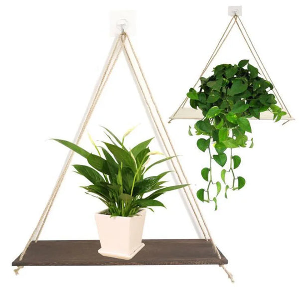 Wall Decoration Hanging Rope Flower Pot Storage Rack, Wall Hanging Wooden Storage Rack