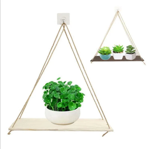 Wall Decoration Hanging Rope Flower Pot Storage Rack, Wall Hanging Wooden Storage Rack