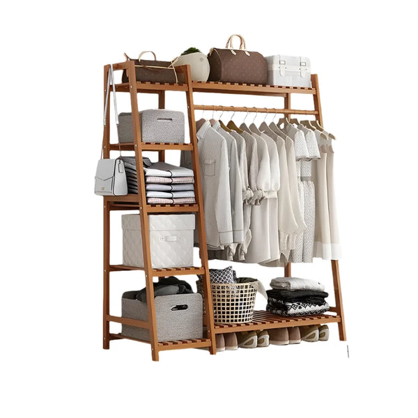 Wooden Clothing Garment Rack with Shelves, Clothes Hanging Rack Stand