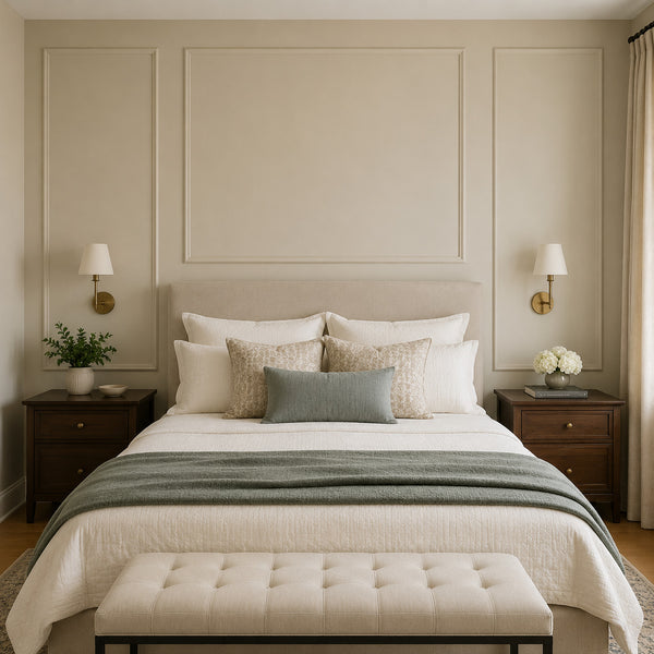 Neutral bedroom with simple picture frame molding behind upholstered bed