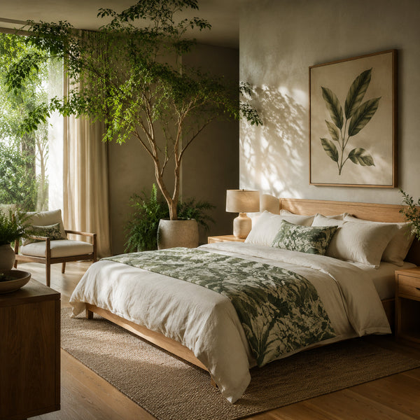 Biophilic bedroom with natural wood and botanical accents