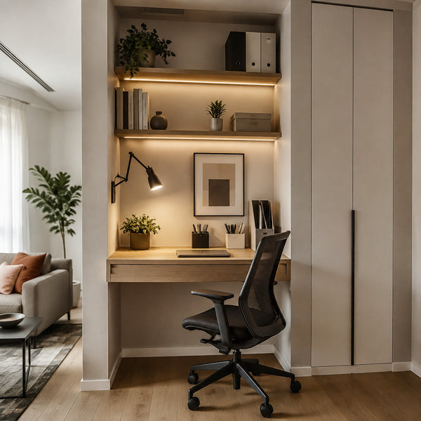 Peaceful evening home office with layered ambient and task lighting
