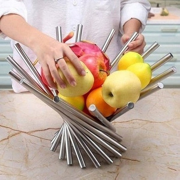 stainless steel folding rotating fruit bowl. this stainless steel fruit rack offers an attractive, space-saving storage solution for your home. type: decorative trays