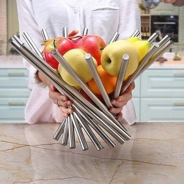 stainless steel folding rotating fruit bowl. this stainless steel fruit rack offers an attractive, space-saving storage solution for your home. type: decorative trays