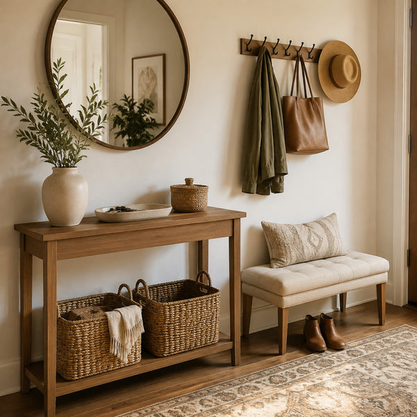 Functional entryway with console table, storage bench, hooks and woven baskets