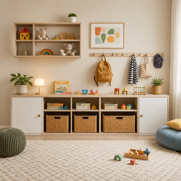 Kids room storage wall with low cabinets woven baskets hooks and toy shelves