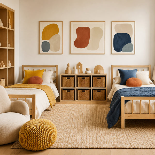 Neutral shared kids room with colorful interchangeable bedding and wall art