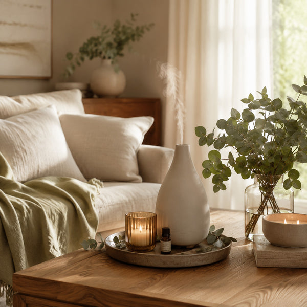 Calm living room with ceramic diffuser, candles and natural textures