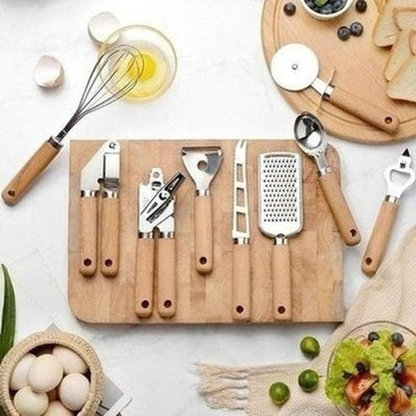 9-Piece Cooking Utensils Set With Wooden Handle Can Opener Baking Set Cooking Tool Kitchenware Pizza Peeler Cheese Knife. Product Type: Cookware Sets